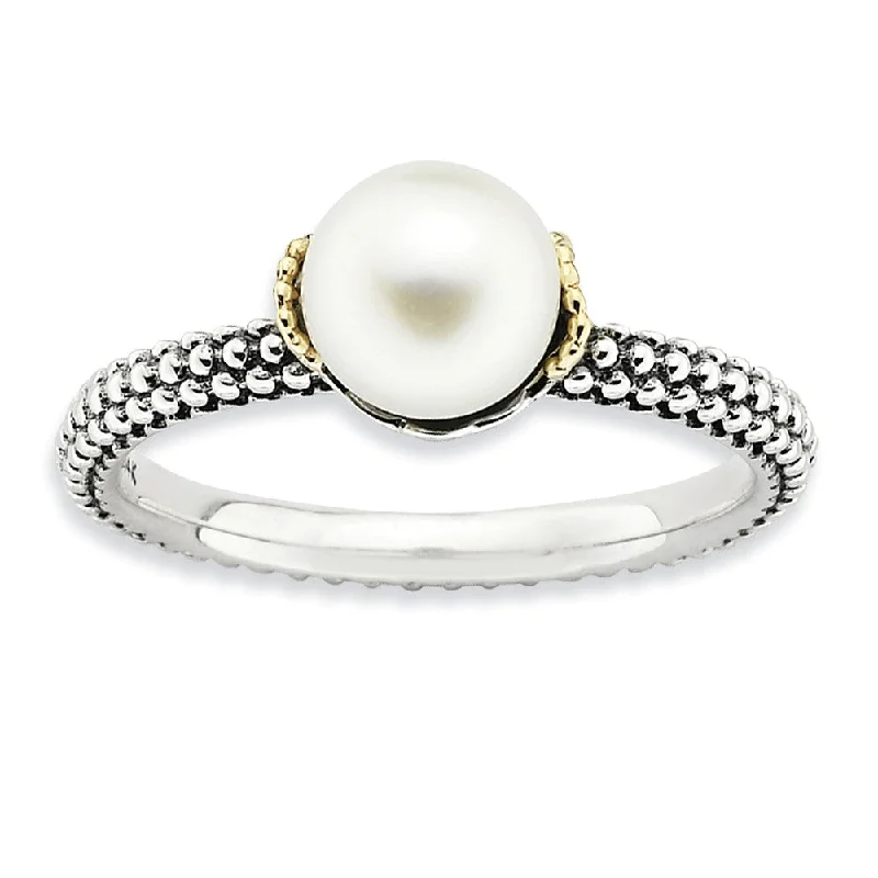 Ladies ring floral designs-White FW Cultured Pearl, Sterling Silver & 14k Gold Accent Stack Ring