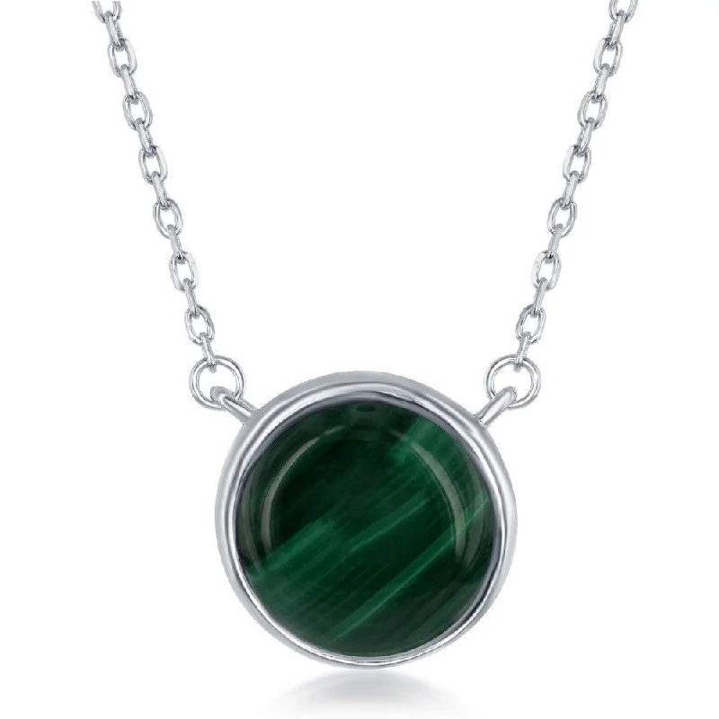 Ladies necklaces proposal gifts-Sterling Silver Round Malachite Bezel Set Necklace