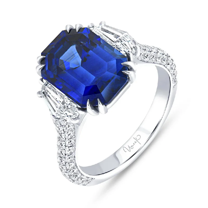 Ladies engagement rings holiday proposals-Uneek Precious Collection Three-Stone Emerald Cut Blue Sapphire Engagement Ring