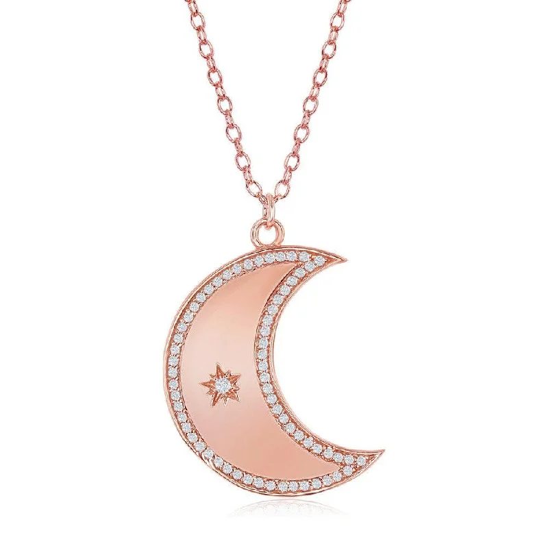 Ladies necklaces unique designs-Sterling Silver Moon with CZ Border and Center Star Necklace