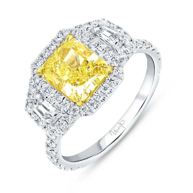 Ladies engagement rings heart-shaped-Uneek Natureal Collection 3-Stone-Halo Radiant Yellow Diamond Engagement Ring