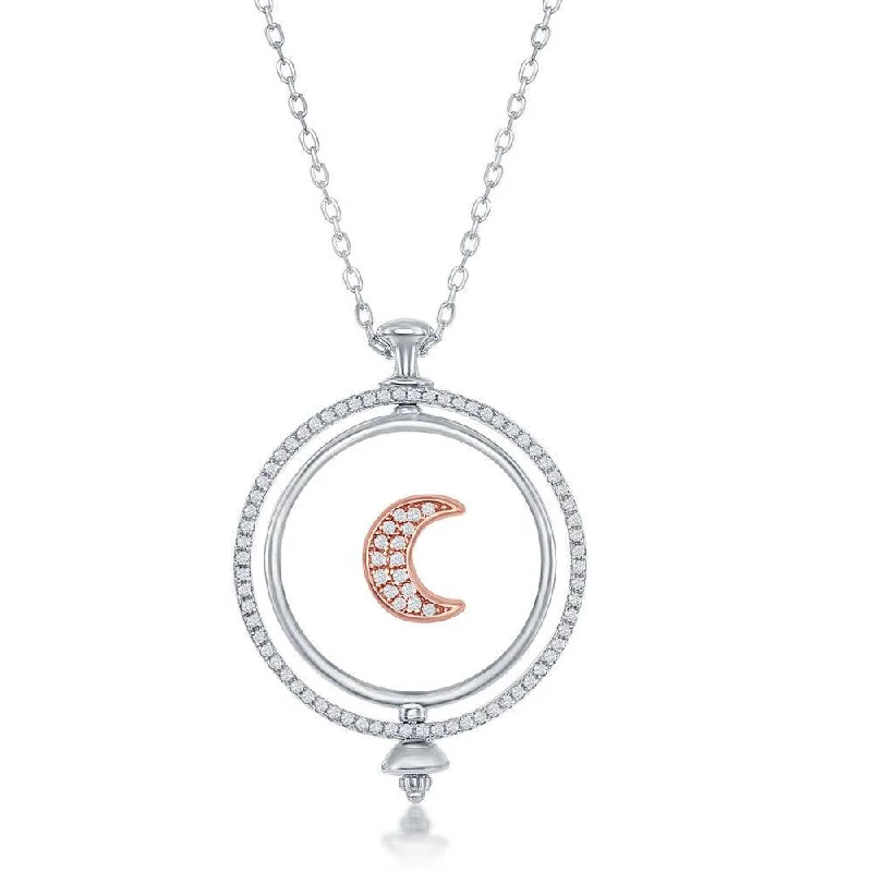 Ladies necklaces handmade crafts-Sterling Silver Spinning Disc Crescent Moon with CZ Necklace