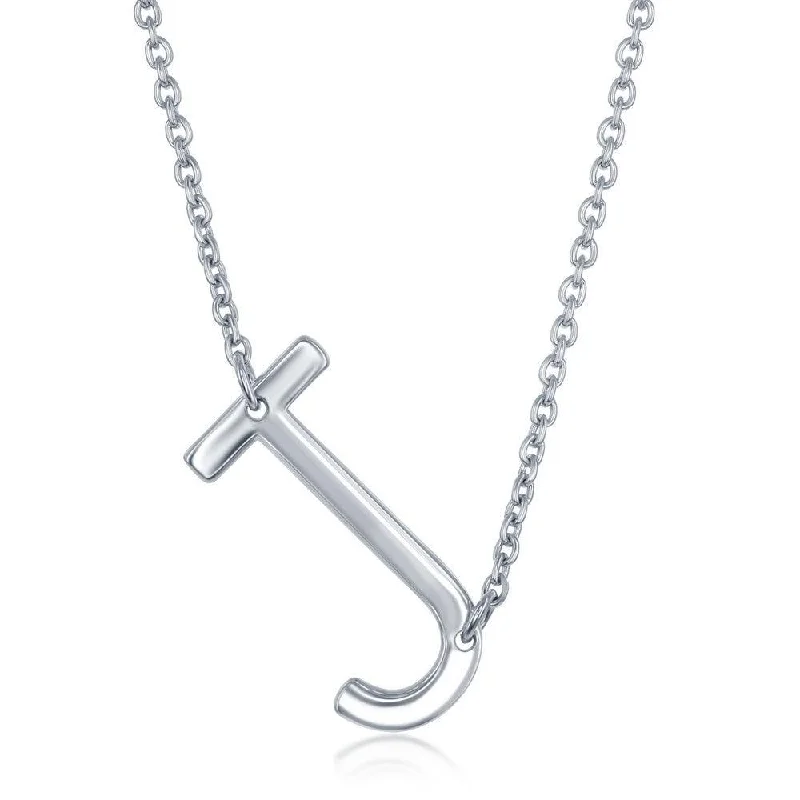 Ladies necklaces geometric shapes-Sterling Silver Sideways J Initial Necklace