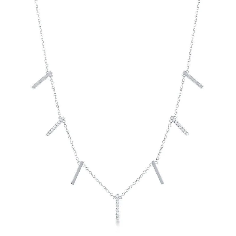 Ladies necklaces unique designs-Sterling Silver Alternating Plain & CZ Vertical Bars Necklace