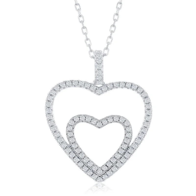 Ladies necklaces bohemian charm-Sterling Silver Cubic Zirconia Double Heart Necklace