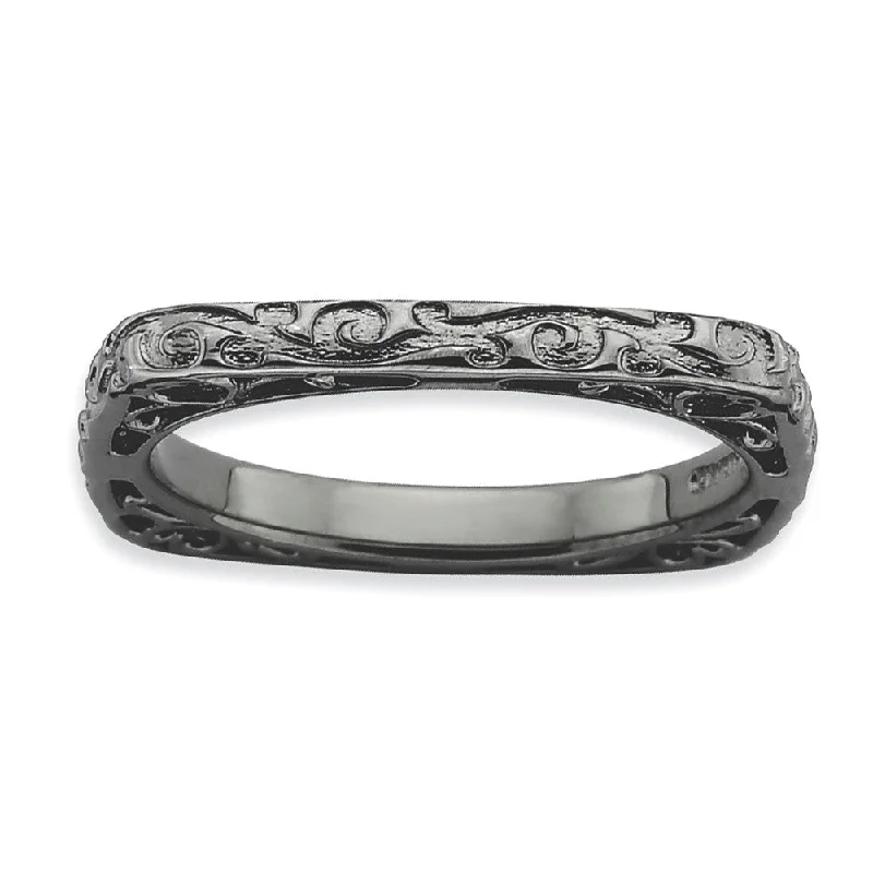 Ladies ring pinky styles-2.25mm Stackable Black Plated Silver Square Scroll Band