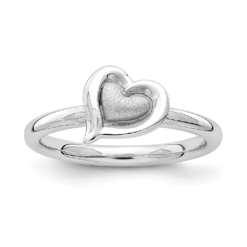 Ladies ring luxury brands-Rhodium Plated Sterling Silver Stackable 9mm Heart Ring