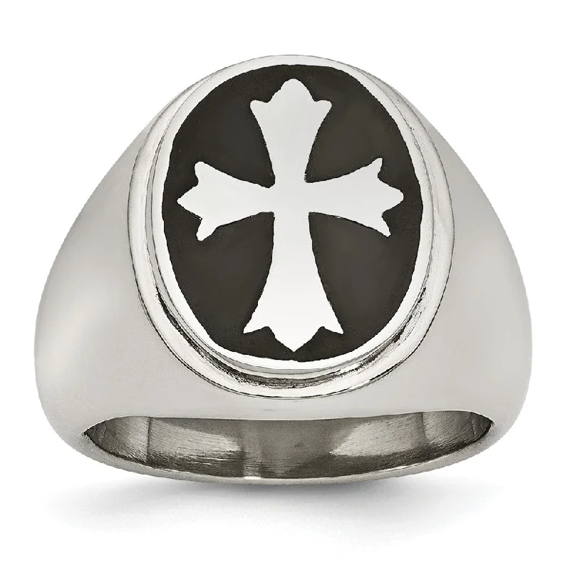 Ladies ring vintage charm-Men's 18mm Stainless Steel & Black Enamel Cross Tapered Ring