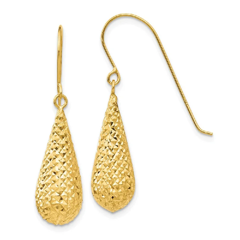 Ladies earrings engagement gifts-20mm Diamond Cut Puffed Teardrop Dangle Earrings in 14k Yellow Gold