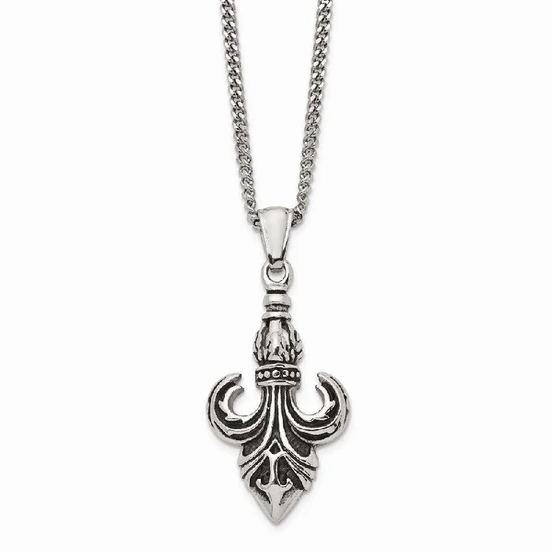 Ladies necklaces mature appeal-Stainless Steel Polished and Antiqued Fleur de Lis Necklace