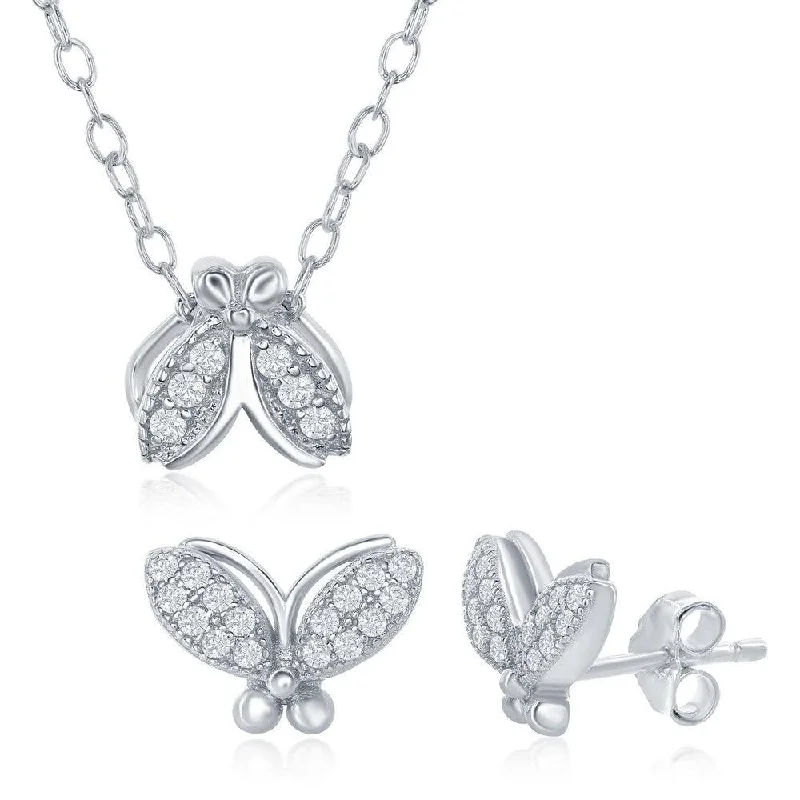 Ladies necklaces gift ideas-Sterling Silver Small CZ Moth Necklace and Earrings Set