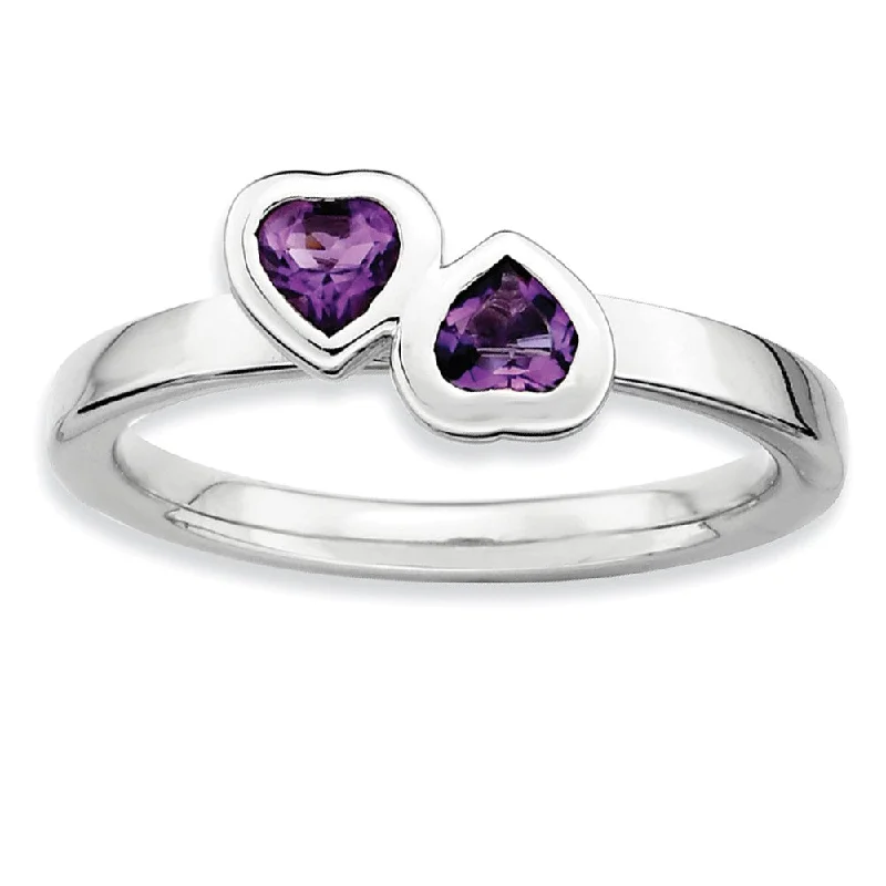 Ladies ring personalized-Rhodium Plated Sterling Silver & Amethyst Stackable 2 Stone Heart Ring