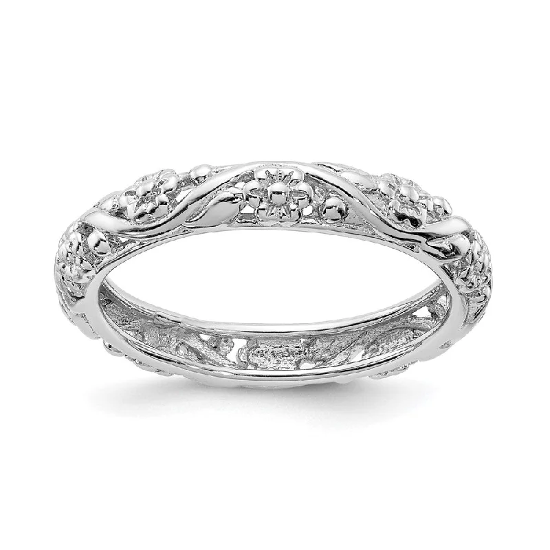 Ladies ring office looks-3.5mm Sterling Silver Rhodium Plated Stackable Floral Band