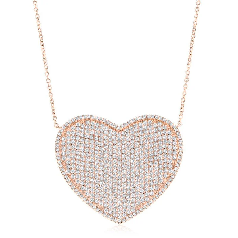 Ladies necklaces office looks-Sterling Silver Rose Gold Plated Micro Pave Heart Necklace