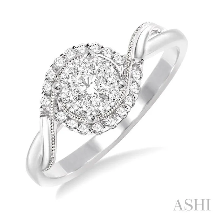 Ladies engagement rings pave settings-1/3 Ctw Round Cut Diamond Lovebright Engagement Ring in 14K White Gold