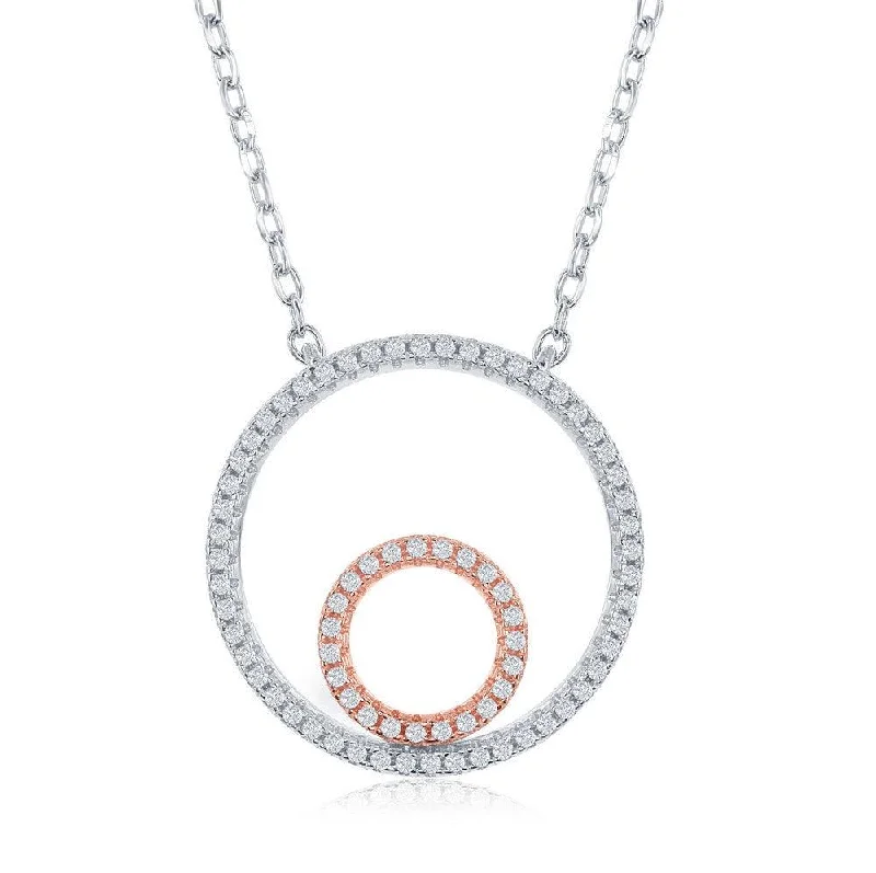 Ladies necklaces wedding pieces-Sterling Silver TT Double Open Circle with CZ Border Necklace