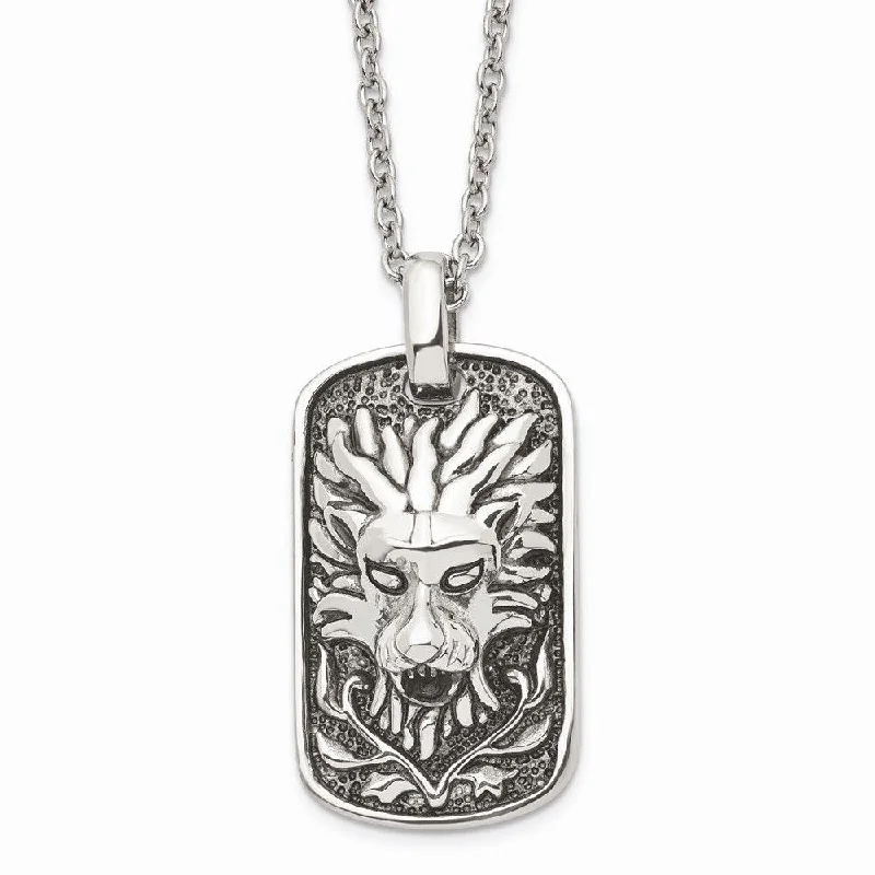 Ladies necklaces friendship tokens-Stainless Steel Polished and Antiqued Lion Dog Tag Necklace