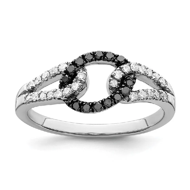 Ladies ring hollow patterns-1/4 Ctw Black & White Diamond Oval Loop Ring in Sterling Silver