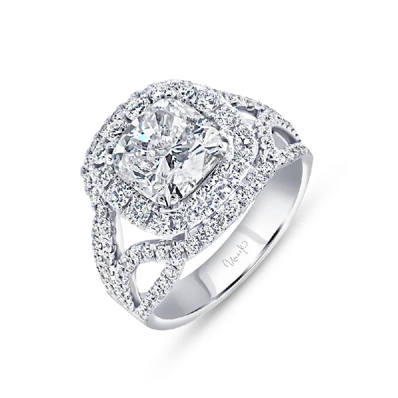 Ladies engagement rings floral motifs-Uneek Radiance Collection Double-Halo Cushion Cut Engagement Ring