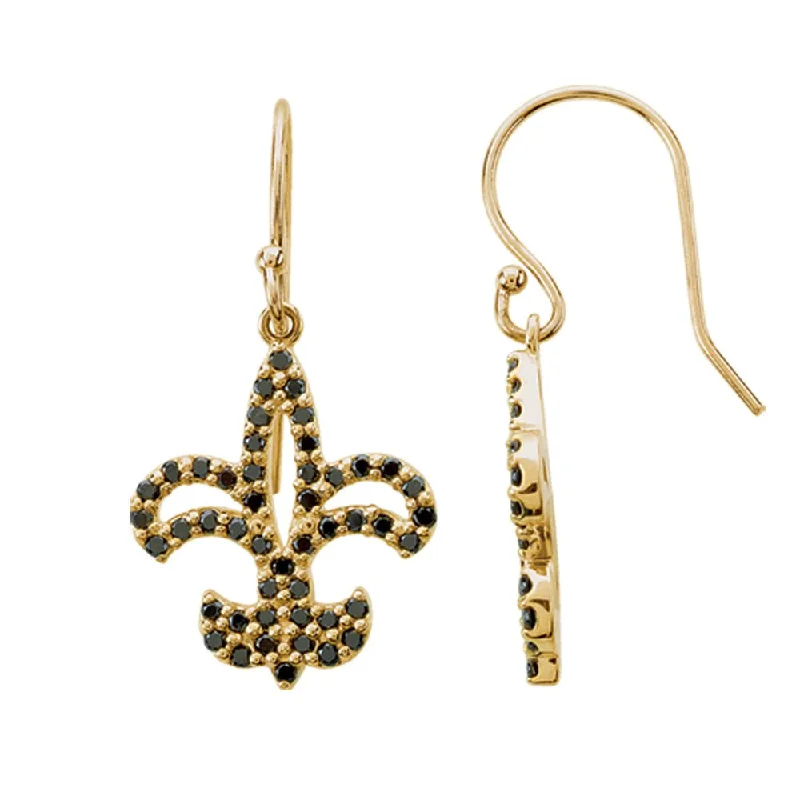 Ladies earrings minimalist trends-1/2 cttw Black Diamond Fleur-De-Lis Earrings in 14k Yellow Gold