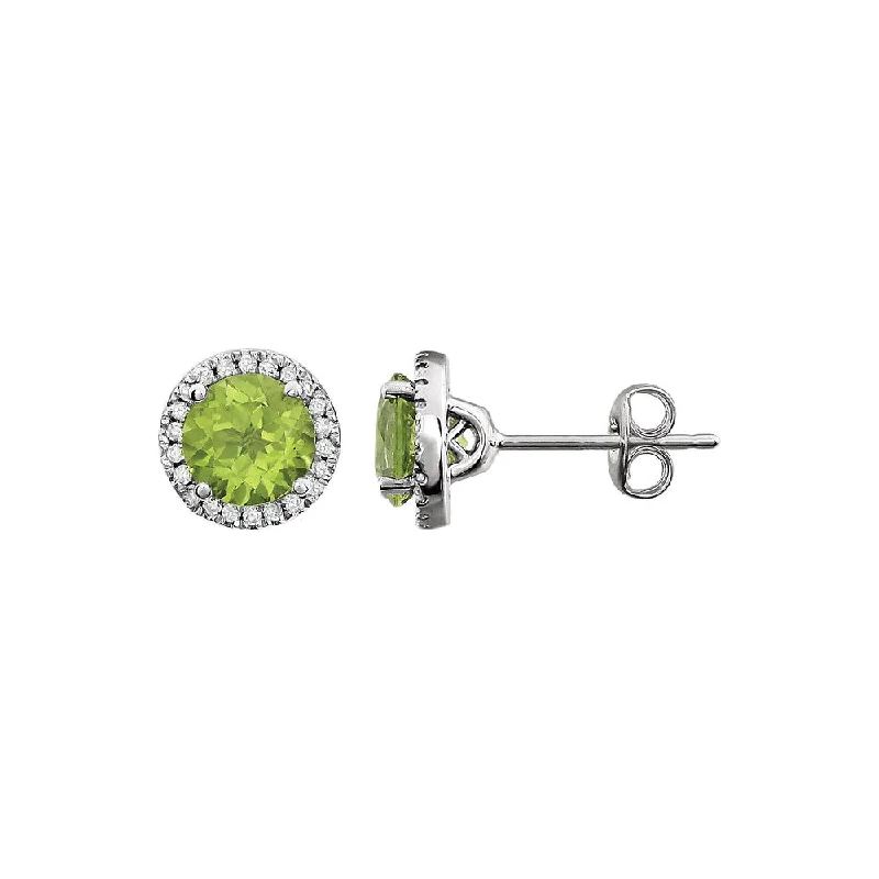 Ladies earrings personalized-8mm Halo Style Peridot & Diamond Earrings in 14k White Gold