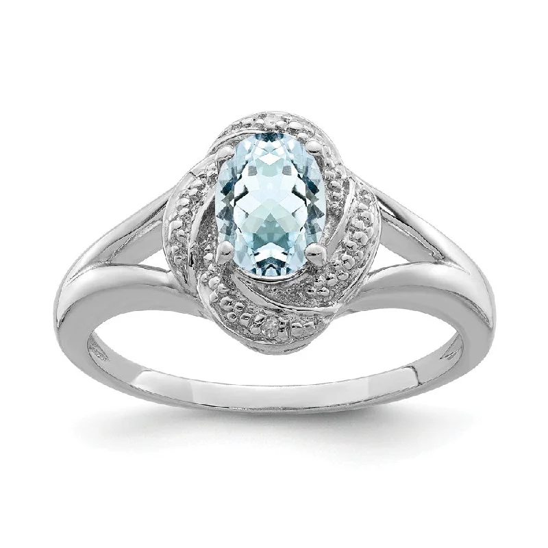 Ladies ring daily wear-Sterling Silver .01 Ctw (H-I, I2-13) Diamond & Oval Aquamarine Ring