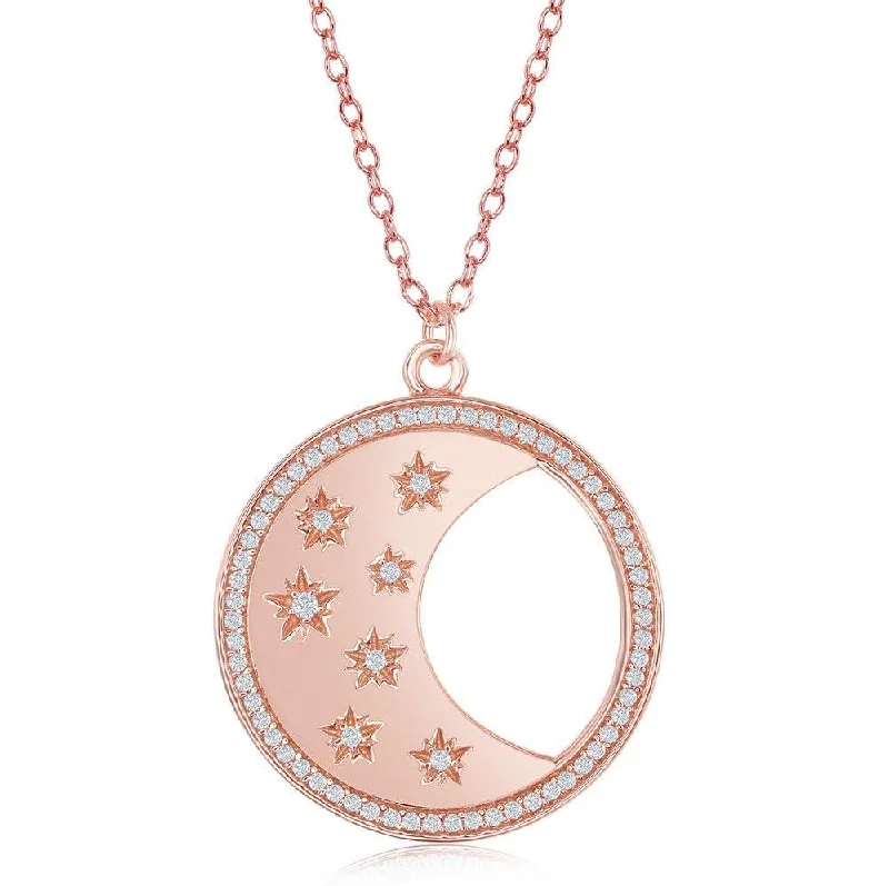 Ladies necklaces ethnic patterns-Sterling Silver Circle with Moon and Center CZ Stars Necklace