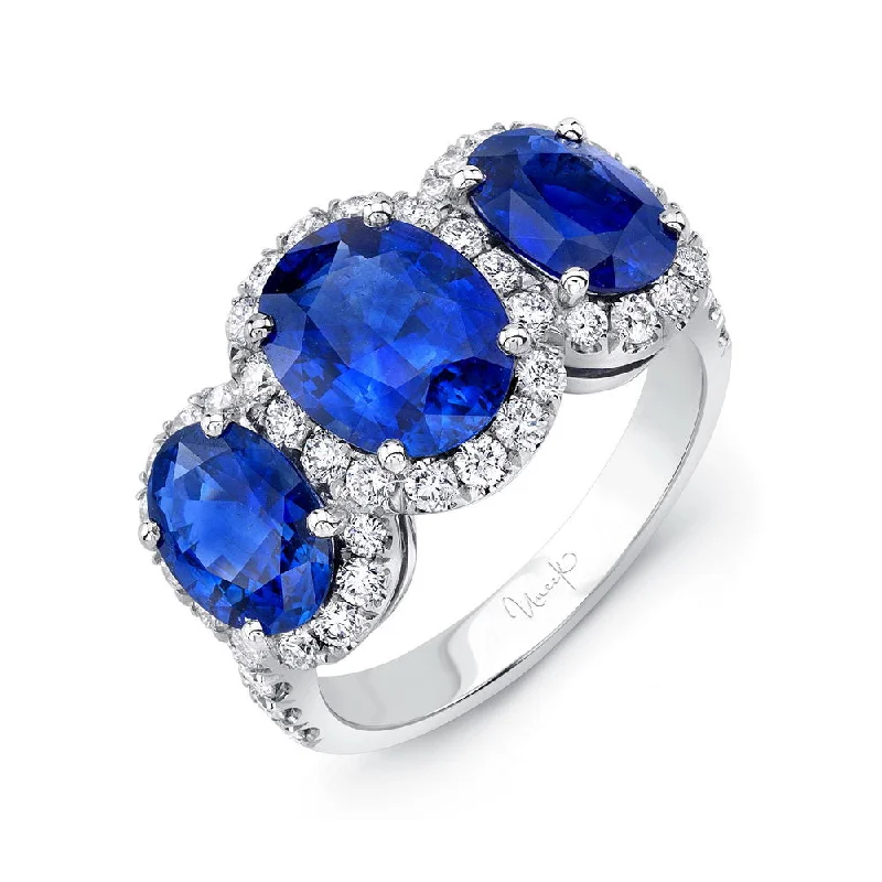 Ladies engagement rings rose-cut diamonds-Uneek Oval Sapphire Three-Stone Three-Halo Engagement Ring