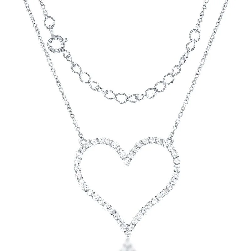 Ladies necklaces modern flair-Sterling Silver Large Open CZ Heart Necklace