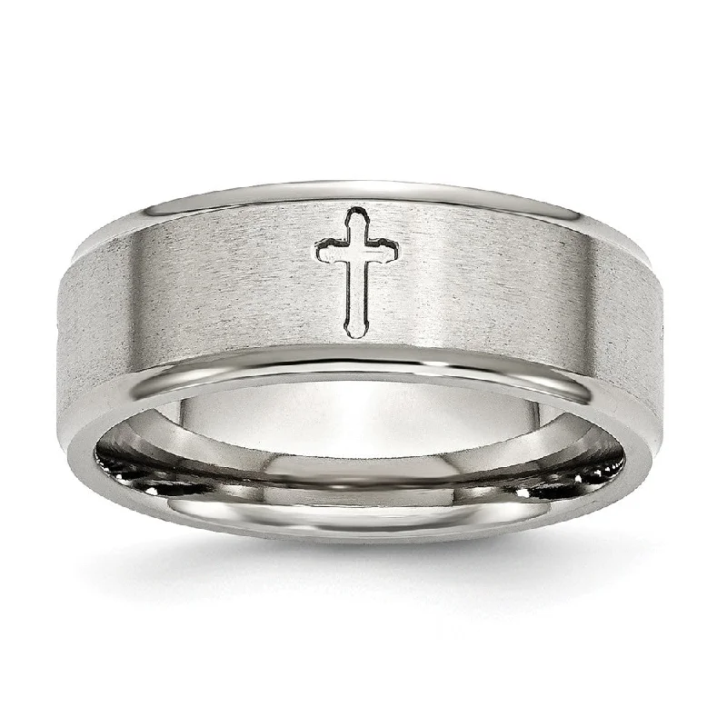 Ladies ring cute looks-Stainless Steel Ridged Edge 8mm Cross Comfort Fit Band