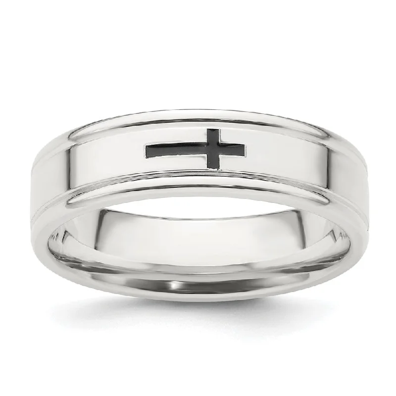 Ladies ring birthday presents-6mm Rhodium Plated Sterling Silver Enamel Cross Grooved Edge Band