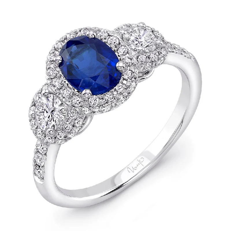 Ladies engagement rings luxury brands-Uneek Oval Sapphire-Centered Three-Stone Engagement Ring with Round Diamond Sidestones