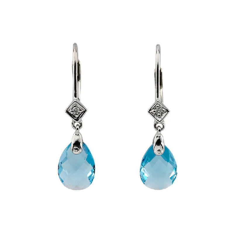 Ladies earrings casual vibes-Swiss Blue Topaz & Diamond Lever Back Earrings in 14k White Gold