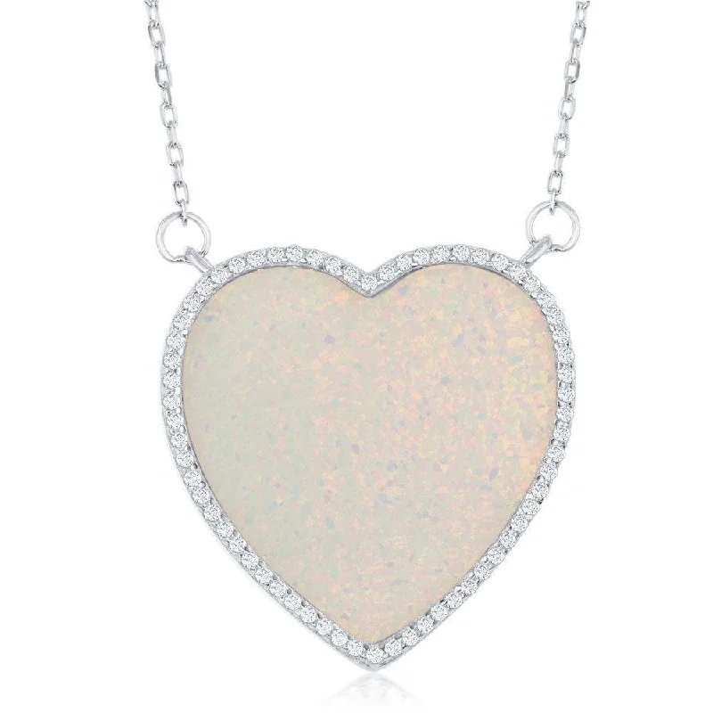 Ladies necklaces engraved names-Sterling Silver White Inlay Opal Heart with CZ Border Necklace