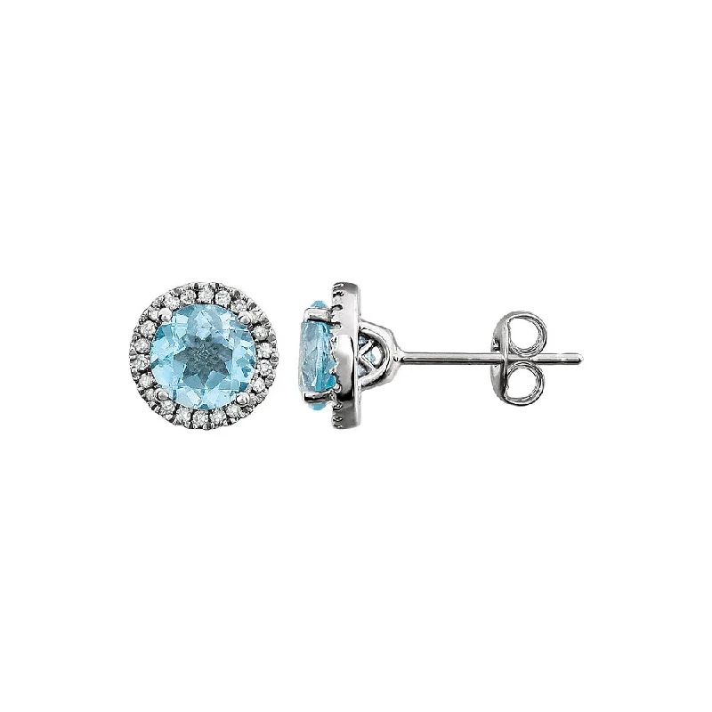 Ladies earrings Valentine’s Day-8mm Halo Style Sky Blue Topaz & Diamond Earrings in 14k White Gold