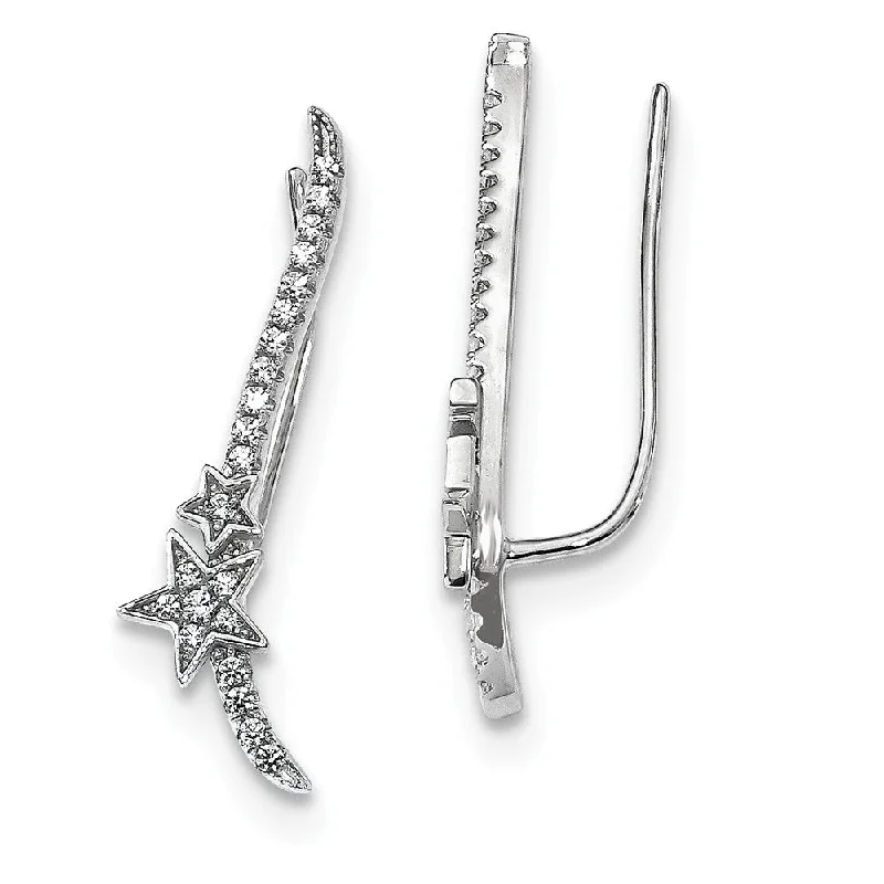 Ladies earrings hoop designs-6 x 28mm Rhodium-Plated Sterling Silver CZ Star Ear Climber Earrings