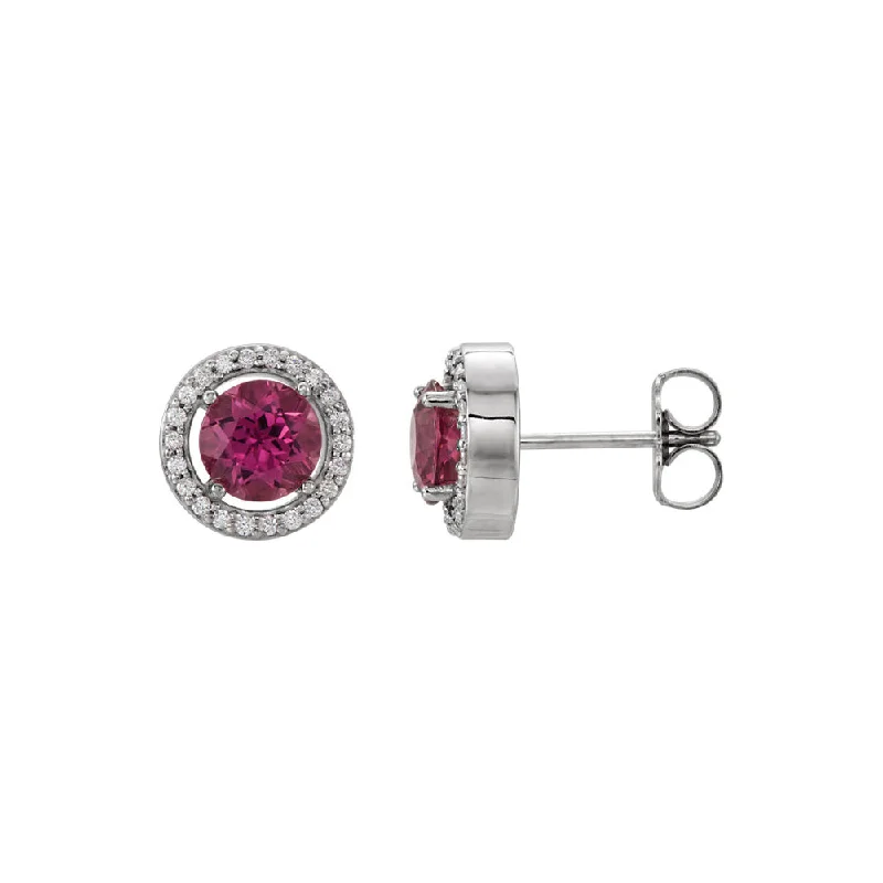 Ladies earrings punk flair-8mm Halo Style Pink Tourmaline & Diamond Earrings in 14k White Gold