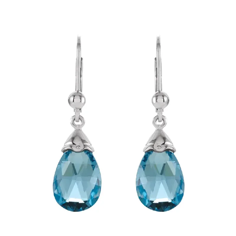 Ladies earrings silver finish-Swiss Blue Topaz Briolette & 14k White Gold Lever Back Earrings