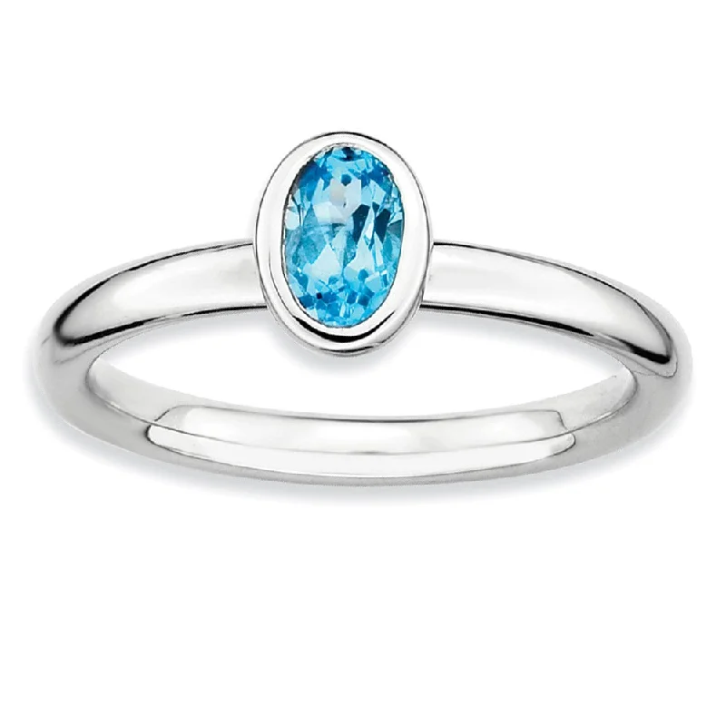 Ladies ring silver options-Sterling Silver Stackable Oval Blue Topaz Solitaire Ring