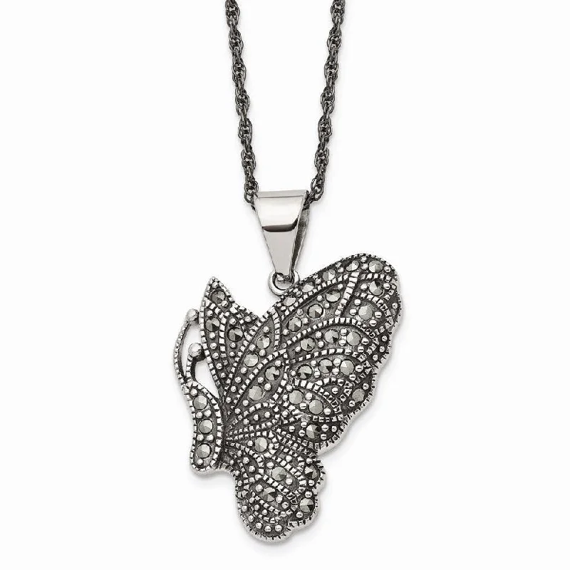 Ladies necklaces e-commerce sites-Stainless Steel Butterfly Marcasite Necklace