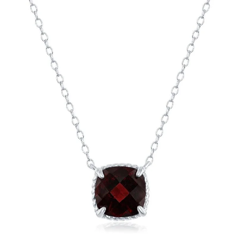 Ladies necklaces European styles-Sterling Silver Four-Prong Square Garnet with Rope Design Border Necklace