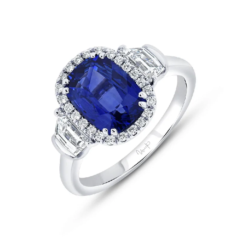 Ladies engagement rings vintage-inspired-Uneek Precious Collection Three-Stone Cushion Cut Blue Sapphire Engagement Ring