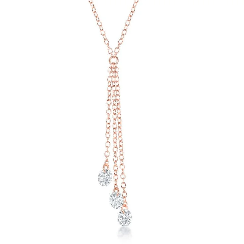 Ladies necklaces designer brands-Sterling Silver Rose GP Three Single Hanging CZ's Necklace