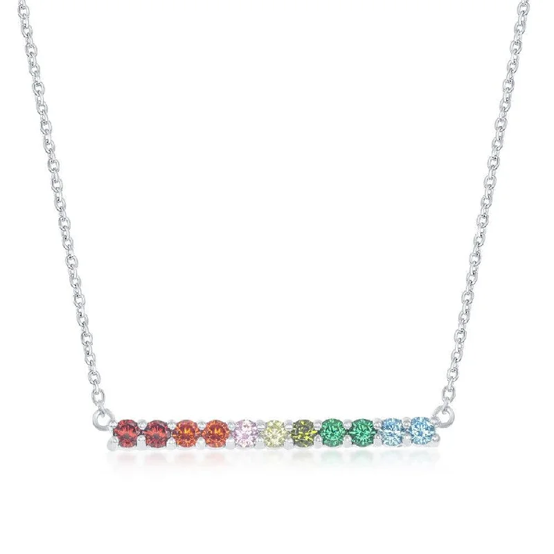 Ladies necklaces 2025 trends-Sterling Silver Rainbow Cubic Zirconia Bar Necklace