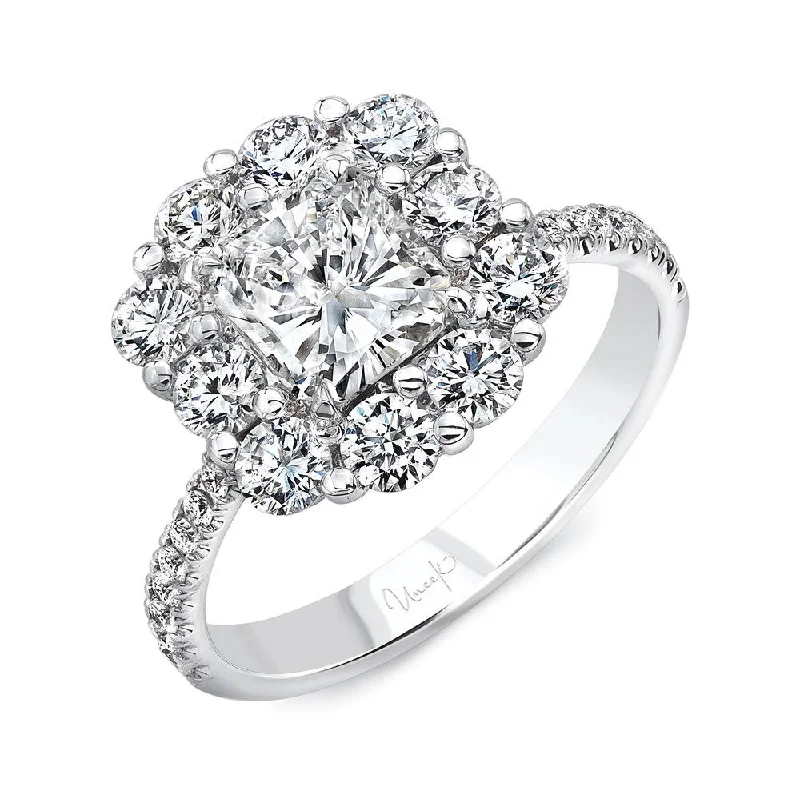 Ladies engagement rings viral designs-Uneek Radiant-Cut Diamond Engagement Ring with Floral-Inspired Shared-Prong Halo