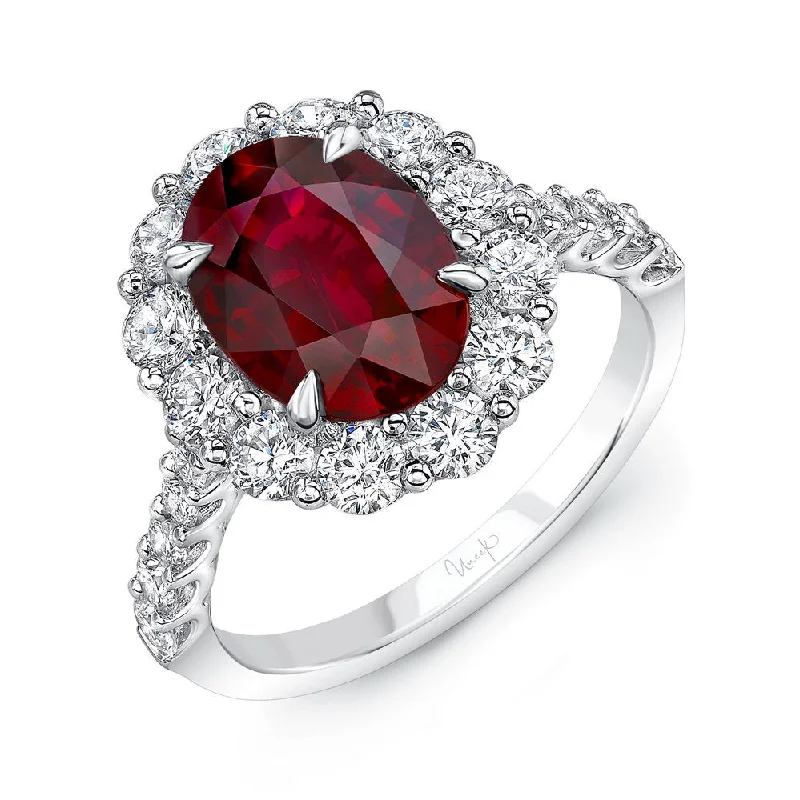 Ladies engagement rings 2025 trends-Uneek Precious Collection Halo Oval Shaped Ruby Engagement Ring