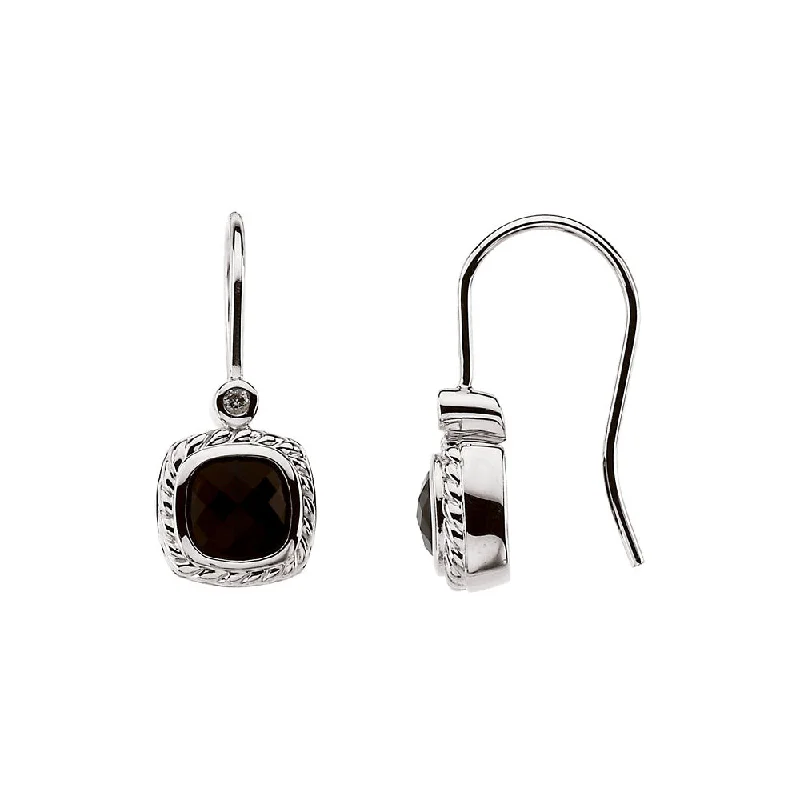 Ladies earrings party glamour-Cushion Onyx and Diamond Dangle Earrings in 14k White Gold