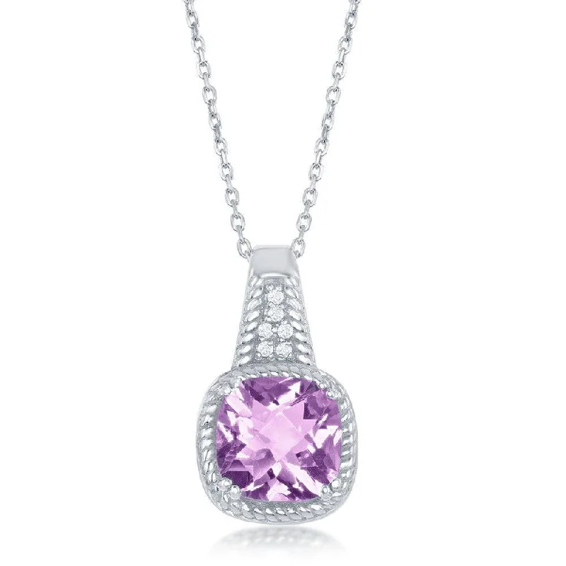 Ladies necklaces statement pieces-Sterling Silver Chekered 0.572cttw Amethyst Rope Design Border With  0.054cttw White Topaz Necklace