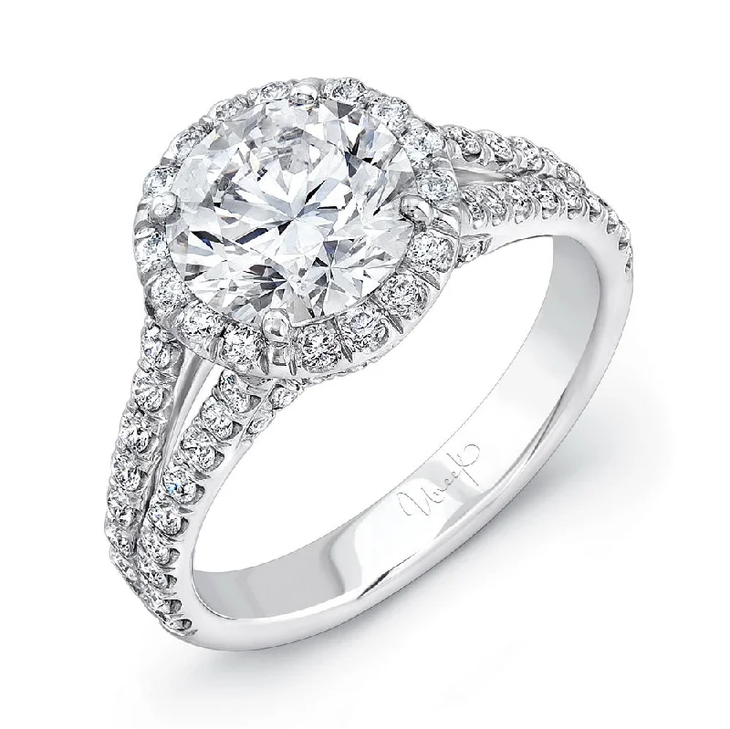 Ladies engagement rings twisted designs-Uneek Split Shank Round Halo Diamond Engagement Ring