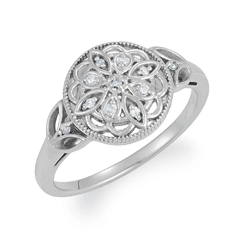 Ladies ring online shopping-Vintage Style Sterling Silver .06 Ctw H-I, I2 Diamond Flower Ring